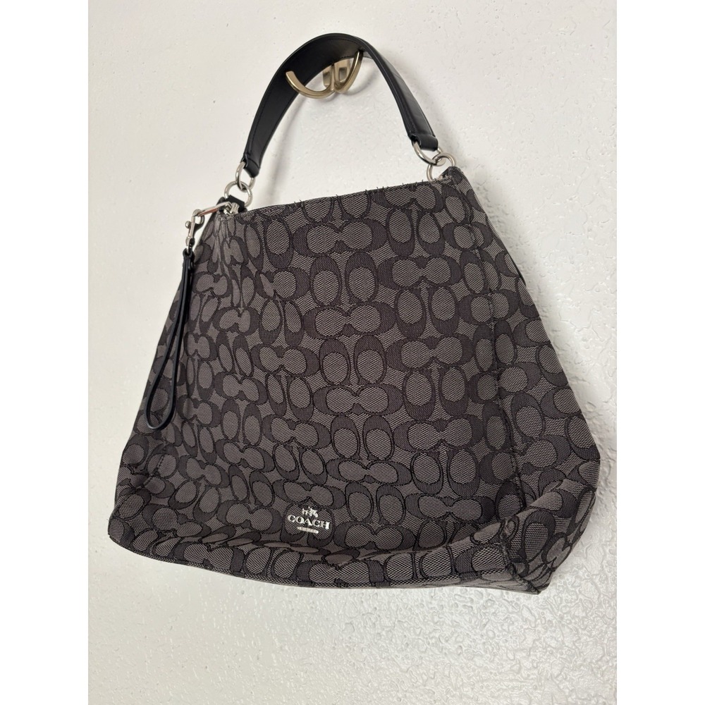 Coach Signature Jacquard Purse Handbag Hobo Style Black‎ and Grey